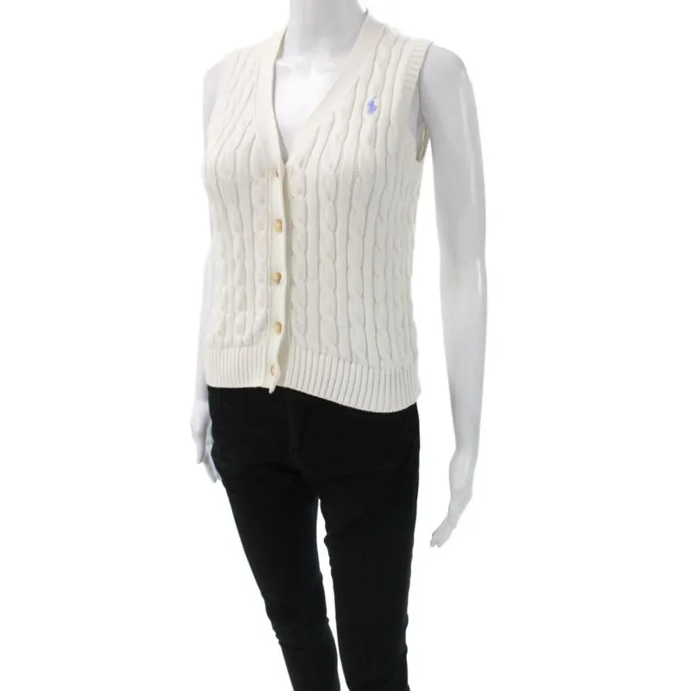 Polo Ralph Lauren Womens Ivory Cotton V Neck Button Vest Size M